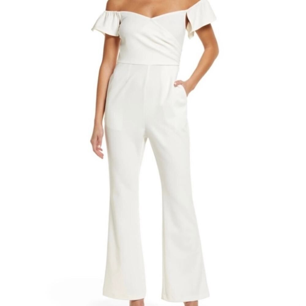 Chelsea28 Jumpsuit Women's Large Ivory Off the Shoulder Ruffle Sleeve NWT